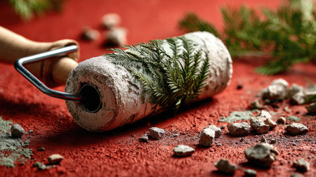 A close-up view of a paint roller adorned with fresh greenery rests on a textured red surface, combining natural elements with artistic decor for inspiration.の素材