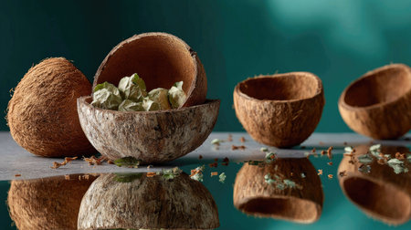 A serene composition featuring coconut shell bowls filled with dried herbs, creating a harmonious blend of natural textures and vibrant colors on a reflective surface.の素材