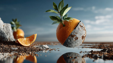 This artistic image showcases a surreal orange sphere with vibrant foliage, reflecting beautifully in calm water. The picturesque background enhances the serene atmosphere.の素材