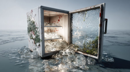 This image showcases a unique fridge surrounded by ice, highlighting the stark contrast between nature and artificiality, evoking themes of climate change and survival.の素材