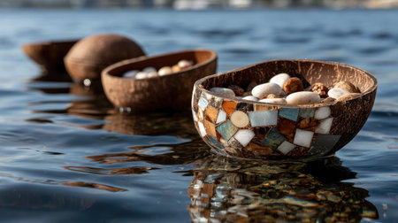 This image showcases intricately designed coconut shell bowls filled with colorful stones, gently floating on a serene water surface, capturing nature's beauty.の素材