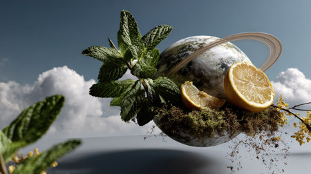 This imaginative stock photo features a planet enveloped in mint leaves and lemon slices, offering a fresh and vibrant take on nature and cosmic themes.の素材