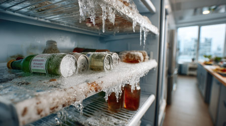 A close-up view of a messy refrigerator featuring frozen bottles and jars, showcasing dramatic ice formations amidst an unorganized kitchen setting.の素材