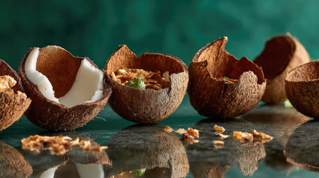 A captivating arrangement of coconut shells showcasing broken coconut pieces and vibrant garnish on a reflective surface, highlighting tropical freshness.の素材