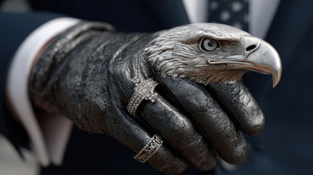 A striking image showcasing a black leather glove delicately holding a detailed eagle sculpture, adorned with stylish rings, symbolizing elegance and power.の素材