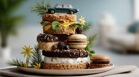 A whimsical tower of desserts featuring vibrant layers of cake and sweet treats, adorned with fresh herbs and flowers, perfect for any celebration.の素材