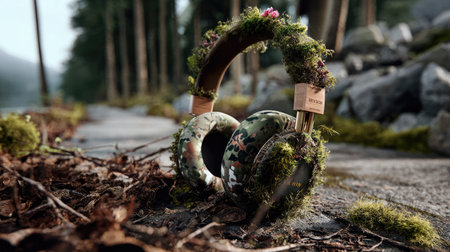 A pair of artistic headphones rest on a forest trail, adorned with greenery and wildflowers, showcasing a blend of technology and nature's beauty.の素材