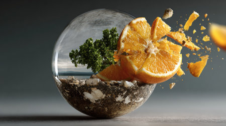 This stunning surreal image features an orange fruit bursting through a glass sphere containing a vibrant nature landscape, symbolizing freshness and creativity.の素材
