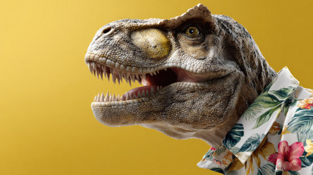 A whimsical depiction of a dinosaur wearing a tropical shirt, exuding charm and humor against a vibrant yellow backdrop. Perfect for engaging content!の素材