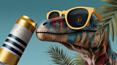 A vibrant and fun image featuring a dinosaur in sunglasses enjoying a drink amidst tropical leaves, perfect for playful illustrations and quirky designs.の素材