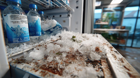 This image features an unkempt commercial refrigerator interior, showing frozen water bottles and scattered ice debris, reflecting a moment of neglect.の素材
