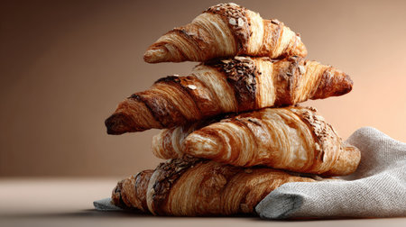 A beautiful arrangement of freshly baked croissants stacked on a linen cloth, showcasing their flaky texture and golden-brown color. Ideal for food photography.の素材