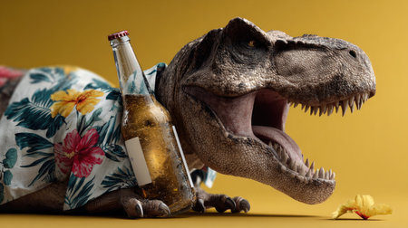 A whimsical depiction of a dinosaur in a floral shirt, having a beer, showcasing a cheerful atmosphere perfect for fun summer events.の素材