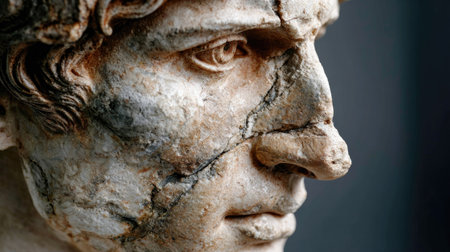 This captivating close-up showcases an ancient male sculpture, highlighting intricate details and textures that reveal its historical significance and artistic heritage.の素材