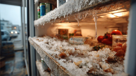 A close-up view of a refrigerator showcasing frost and ice buildup. The shelves are disorganized with spilled food and visible condensation, reflecting poor storage practices.の素材