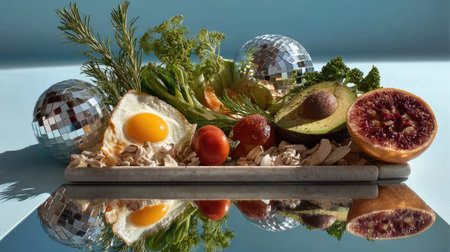 This vibrant and artistic composition features fresh produce and dazzling disco balls arranged on a reflective surface, perfect for lifestyle visuals.の素材