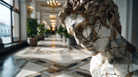A stunning image showcasing a cracked marble statue of a human figure, set in a lavish interior with elegant lighting and lush greenery, highlighting artistic beauty.の素材