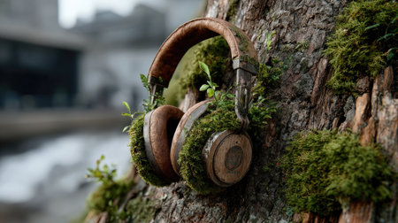 This image showcases vintage wooden headphones suspended on a moss-covered tree, beautifully merging technology and nature. A peaceful scene that invites tranquility.の素材