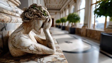 A stunning marble sculpture depicts a woman in sorrow, set against a lush green backdrop in an exquisite interior space, exuding elegance and tranquility.の素材