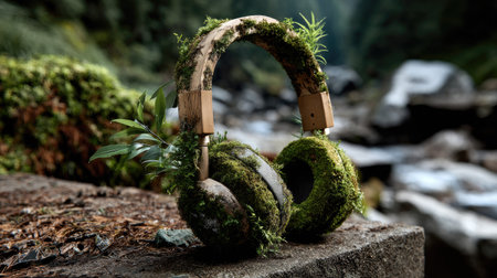 A captivating pair of eco-friendly headphones covered in moss and plants is placed on a stone, surrounded by a peaceful forest. Perfect for nature lovers.の素材