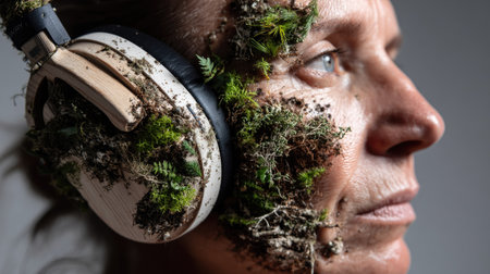 A striking portrait of a person with headphones adorned with moss and greenery, illustrating an artistic blend of technology and nature for a creative photo concept.の素材