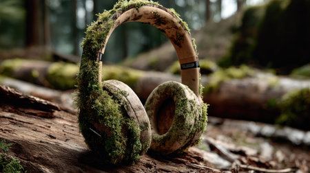 A pair of rustic headphones covered in lush green moss rests on a fallen log in a tranquil forest scene, blending technology with nature.の素材