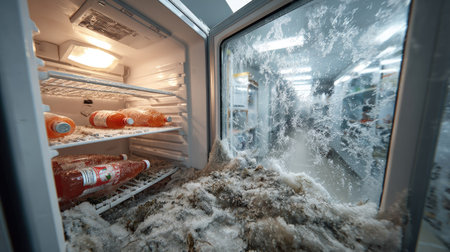 An inside view of a frosty fridge filled with various bottled beverages, showcasing significant ice build-up and frost on the shelves.の素材