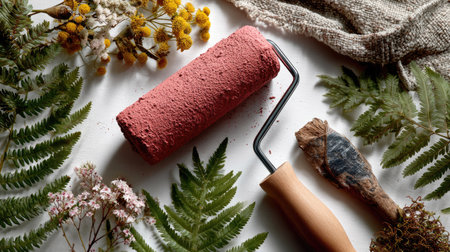This captivating flat lay features a paint roller coated in pink paint alongside vibrant greenery and delicate dried flowers, creating a serene aesthetic.の素材
