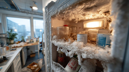 Close-up view of a frosty refrigerator filled with jars and containers. The icy interior highlights clutter in a modern kitchen, showcasing everyday domestic life.の素材