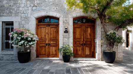 Discover a captivating view of a rustic stone building with elegant wooden doors, adorned with vibrant floral arrangements and lush greenery, inviting tranquility.の素材