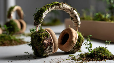 Unique headphones showcase an eco-friendly design, featuring natural elements like moss and plants, blending technology with organic beauty in harmony.の素材