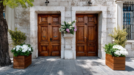 A captivating image showcasing two rustic wooden doors framed by vibrant flower arrangements and greenery, enhancing the charm of a historic building.の素材