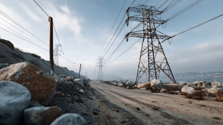 A tranquil landscape showcasing a gravel road lined with rocky terrain, framed by towering power lines against a misty sky, perfect for nature photography.の素材
