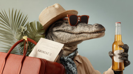 A whimsical alligator dressed in casual summer attire, complete with sunglasses and a suitcase, holds a bottle of beer, embodying vacation vibes.の素材