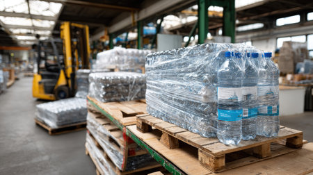 A storage warehouse scene featuring neatly arranged water bottles on wooden pallets, showcasing efficient logistics and inventory organization.の素材