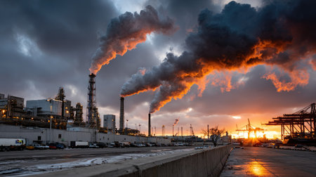 A striking industrial scene showcases towering chimneys releasing smoke into a dramatic sunset sky, highlighting the intersection of industry and nature.の素材
