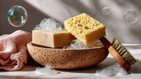 A serene composition featuring natural soap, a soft sponge, a wooden brush, and bubbles in a cozy setting. Ideal for promoting relaxation and self-care.の素材