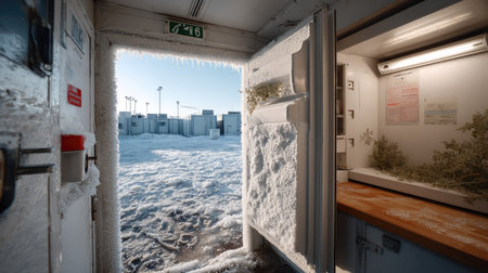 An open freezer door reveals a frosty view of a cold landscape filled with snow and ice, highlighting the harsh yet beautiful outdoor environment.の素材