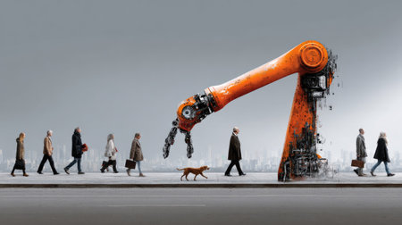 This captivating image showcases the interaction between a colorful industrial robot arm and pedestrians in an urban landscape, emphasizing the blend of technology and human life.の素材