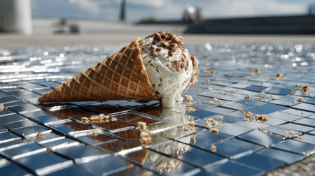 A dropped ice cream cone creates a delightful mess on a shiny, reflective surface, showcasing a tempting treat in bright sunlight, perfect for summer moments.の素材