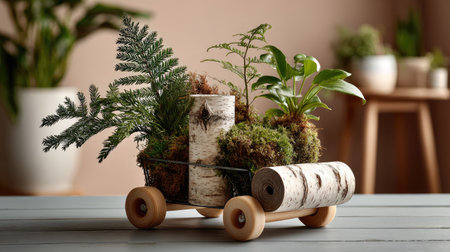 A charming wooden cart filled with vibrant green plants and natural moss elements creates a serene atmosphere in home decor. Ideal for eco-friendly design.の素材