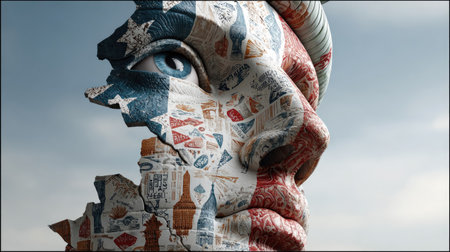 A captivating artwork showcasing a human face merging with vintage postcards. The design creatively incorporates symbols representing American culture and history.の素材