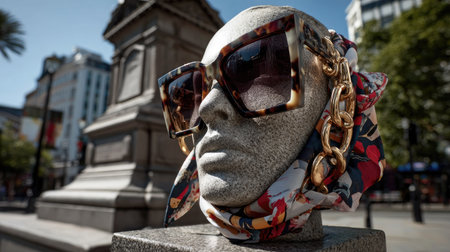 A striking urban display showcases oversized sunglasses on a decorative bust adorned with a stylish floral scarf, set against a lively city backdrop.の素材