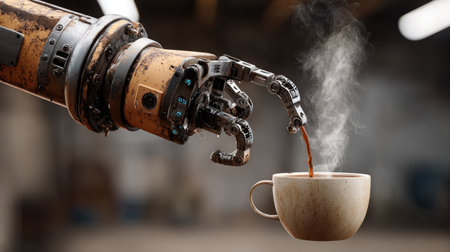 A robotic arm skillfully pours a hot beverage into a ceramic cup, with steam rising, showcasing the blend of technology and daily life in an industrial setting.の素材