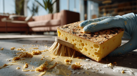 A close-up image showcasing a cleaning sponge and brush on a messy floor in a contemporary living room, embodying the essence of daily cleaning tasks.の素材