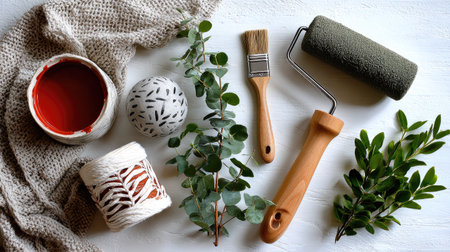 A visually appealing layout featuring essential painting tools, beautiful greenery, and cozy textiles, perfect for home improvement and creative projects.の素材