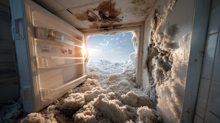 A striking image of an abandoned refrigerator illuminated by warm sunlight against a backdrop of a frozen landscape, showcasing the contrast of cold and warmth.の素材