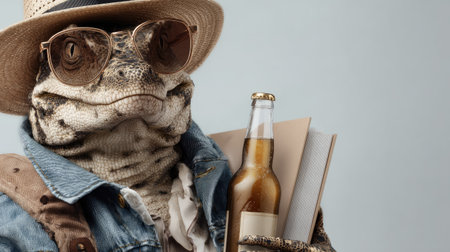 A whimsical lizard character wearing sunglasses and a straw hat holds a beverage and books, representing a fun and vibrant summer vibe perfect for creative projects.の素材