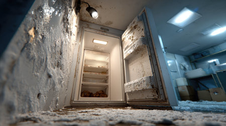 A captivating image of an abandoned freezer in a gloomy environment, showcasing mold and frost accumulation, symbolizing neglect and decay.の素材