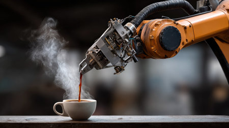 A robotic arm expertly pours freshly brewed coffee into a white cup, creating a captivating scene with steam rising. This modern technology illustrates brewing innovation.の素材